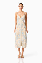 Nia Embroidered Midi Dress in Biege