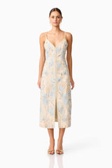 Nia Embroidered Midi Dress in Biege