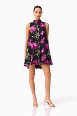 Amaya High Neck Mini Dress in Black & Pink Floral