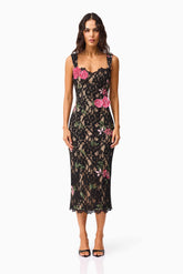 Morgaine Lace Midi Dress in Black