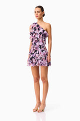 Solene One Shoulder Mini Dress in Purple Floral