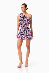 Solene One Shoulder Mini Dress in Purple Floral