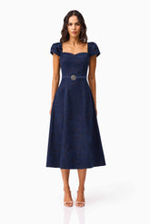 Melody Jacquard Short Sleeve Midi Dress in Blue