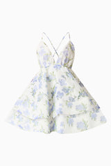 Cleo Tiered Mini Dress in White & Blue Floral