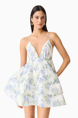 Cleo Tiered Mini Dress in White & Blue Floral