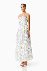 Cleo A-line Gown in White & Blue Floral