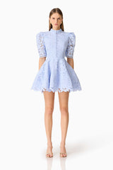 Lacy Puff Sleeve Mini Dress in Powder Blue