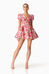 Floralie Short Sleeve Mini Dress in Pink Floral