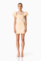 Zaria Puff Sleeve Mini Dress In Yellow Floral