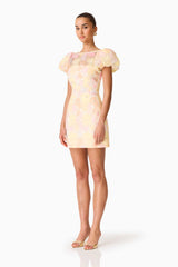 Zaria Puff Sleeve Mini Dress In Yellow Floral
