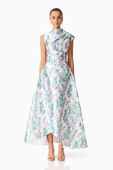 Lavina Asymmetrical Gown in Green & Purple Floral