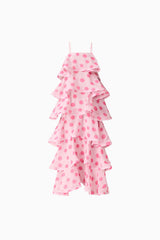 Sola Tiered Maxi Dress in Pink Polkadot