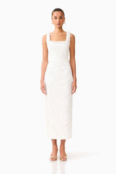 Elowen Floral Applique Midi Dress in White