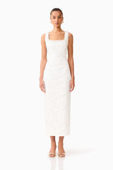 Elowen Floral Applique Midi Dress in White