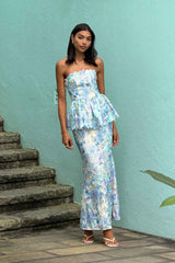 Kalissa Strapless Gown in Blue Floral