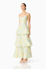Penelope Tiered Gown in Yellow & Blue Floral