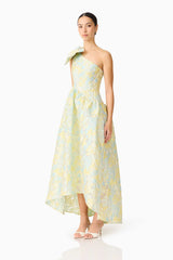 Penelope Asymmetrical Gown in Yellow & Blue Floral