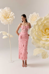 Monique Floral Applique Midi Dress in Pink