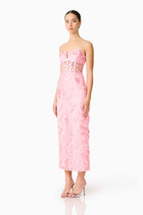 Monique Floral Applique Midi Dress in Pink