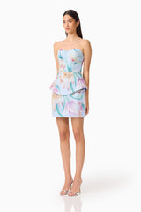 Priselle Peplum Top & Mini Skirt Set in Blue Floral