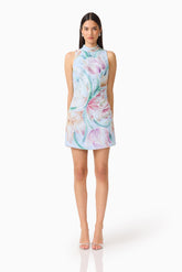 Priselle High Neck Mini Dress in Blue Floral