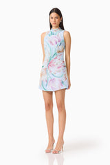 Priselle High Neck Mini Dress in Blue Floral