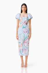 Priselle Puff Sleeve Midi Dress in Blue Floral