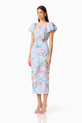 Priselle Puff Sleeve Midi Dress in Blue Floral