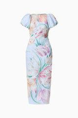 Priselle Puff Sleeve Midi Dress in Blue Floral