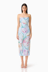 Priselle Strapless Midi Dress in Blue Floral
