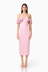 Espera Off Shoulder Midi Dress in Rose Pink