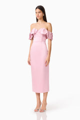 Espera Off Shoulder Midi Dress in Rose Pink