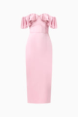 Espera Off Shoulder Midi Dress in Rose Pink