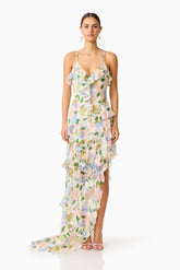 Cosima Asymmetrical Gown In Florals
