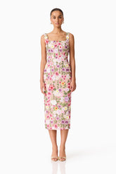 Neve Applique Midi Dress in Pink Floral