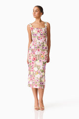 Neve Applique Midi Dress in Pink Floral