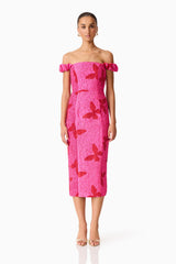 Lorena Jacquard Off Shoulder Midi Dress in Pink