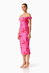 Lorena Jacquard Off Shoulder Midi Dress in Pink