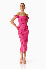 Lorena Jacquard Off Shoulder Midi Dress in Pink