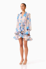 Briony Long Sleeve Mini Dress in Pink & Blue Floral