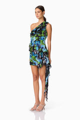 Briony Asymmetrical Mini Dress in Black & Blue Floral