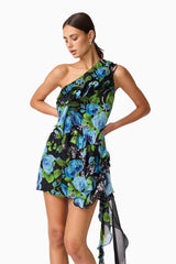 Briony Asymmetrical Mini Dress in Black & Blue Floral