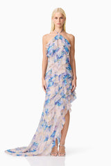Briony Asymmetrical Maxi Dress in Pink & Blue Floral