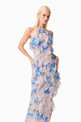 Briony Asymmetrical Maxi Dress in Pink & Blue Floral