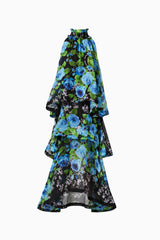 Briony Tiered Gown in Black & Blue Floral