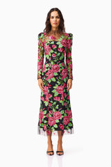 Lyra Sequin Long Sleeve Midi Dress in Pink & Green Floral