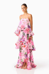 Armani Tiered Maxi Dress in Pink Floral