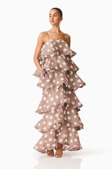 Sola Tiered Maxi Dress in Brown Polkadot