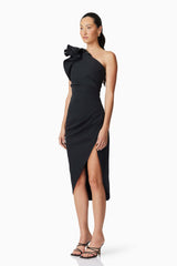 Hazelle One Shoudler Midi Dress in Black
