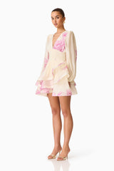 Rova Long Sleeve Mini Dress in Cream & Pink Floral